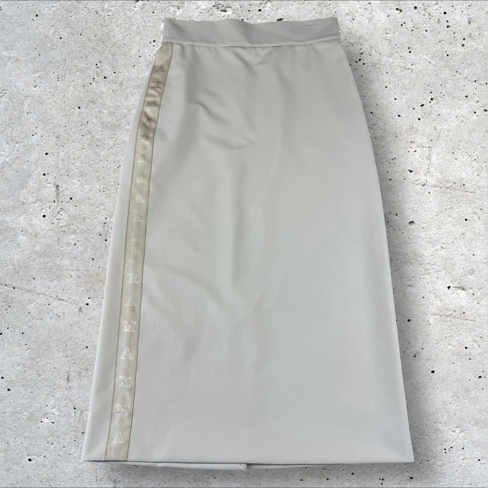 MAX MARA SFILATA RUNWAY Pencil Midi Skirt Khaki Beige Spell Out Logo Sz XS‎